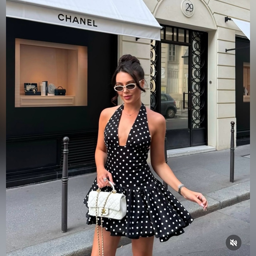 Zara halter ruffled Black Polka Dot Mini Dress evening party cocktail wedding